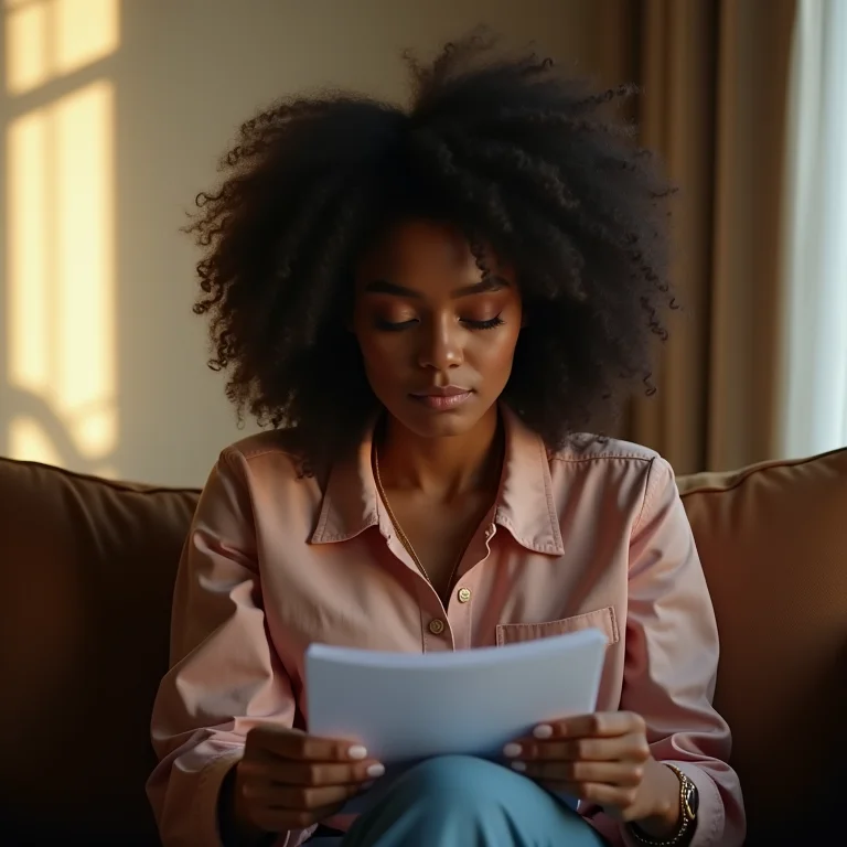 Mulher negra sorrindo, cabelo natural, lendo um roteiro.