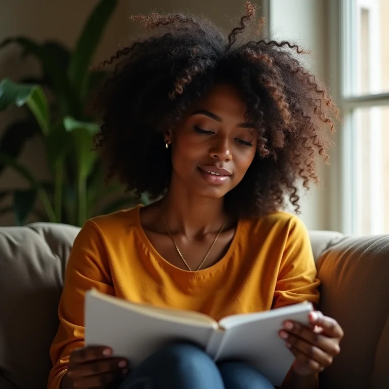 Mulher negra sorrindo, cabelo natural, lendo um roteiro.