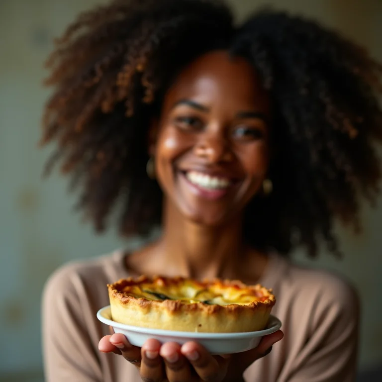 Mulher negra sorrindo com fatia de torta de legumes