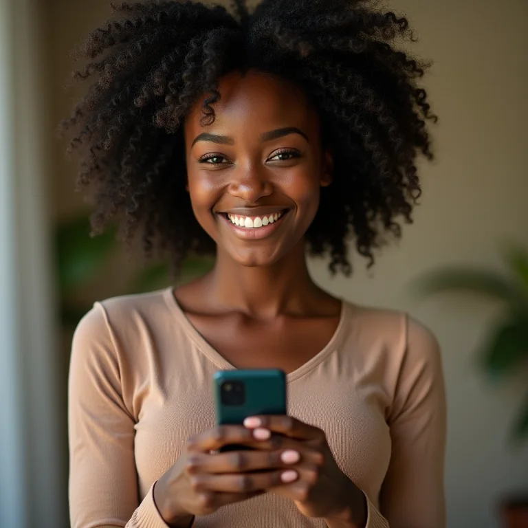 Mulher negra sorrindo com licença digital no celular.