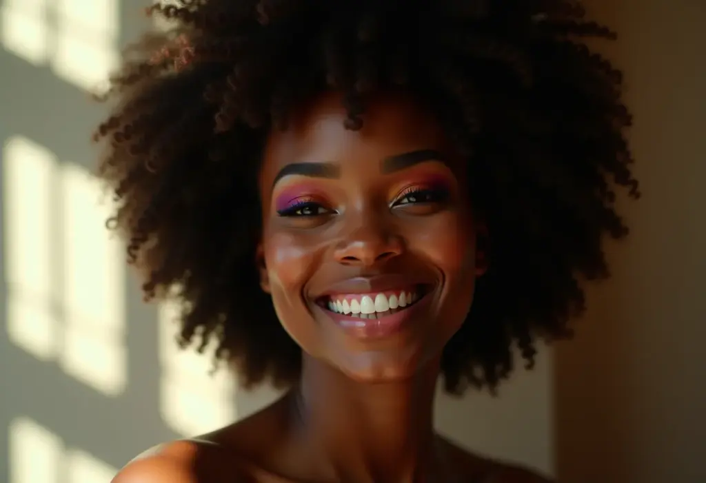 Mulher negra sorrindo com maquiagem artística colorida