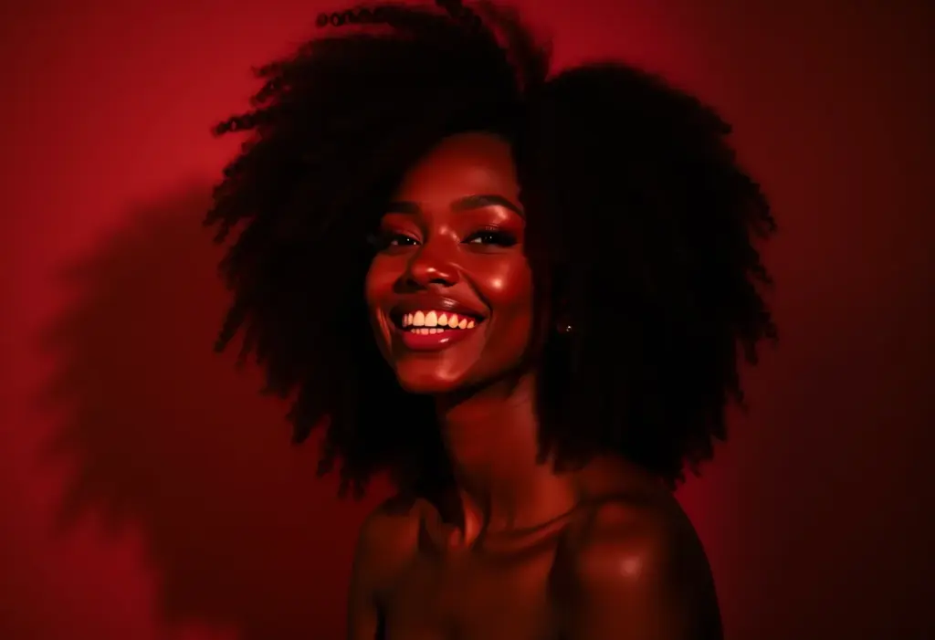 Mulher negra sorrindo com maquiagem sofisticada para a noite