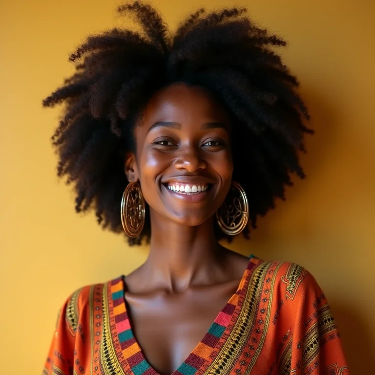 Mulher negra sorrindo com roupa inspirada no Bumba Meu Boi.