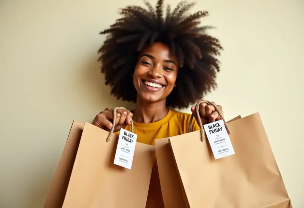 Mulher negra sorrindo com sacolas de compras da Black Friday