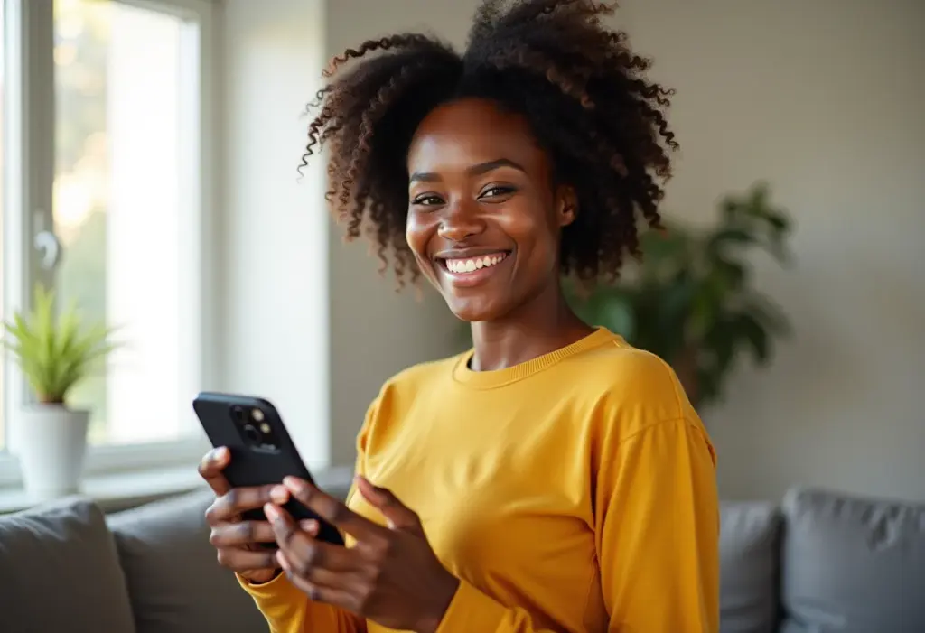 Mulher negra sorrindo com smartphone na mão, representando a portabilidade numérica.