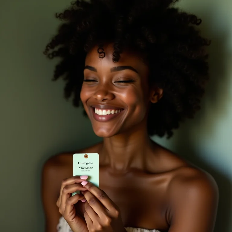 Mulher negra sorrindo com tag de viscose de eucalipto.