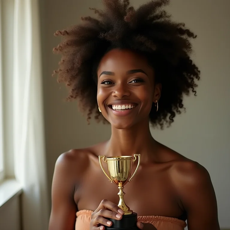 Mulher negra sorrindo com troféu