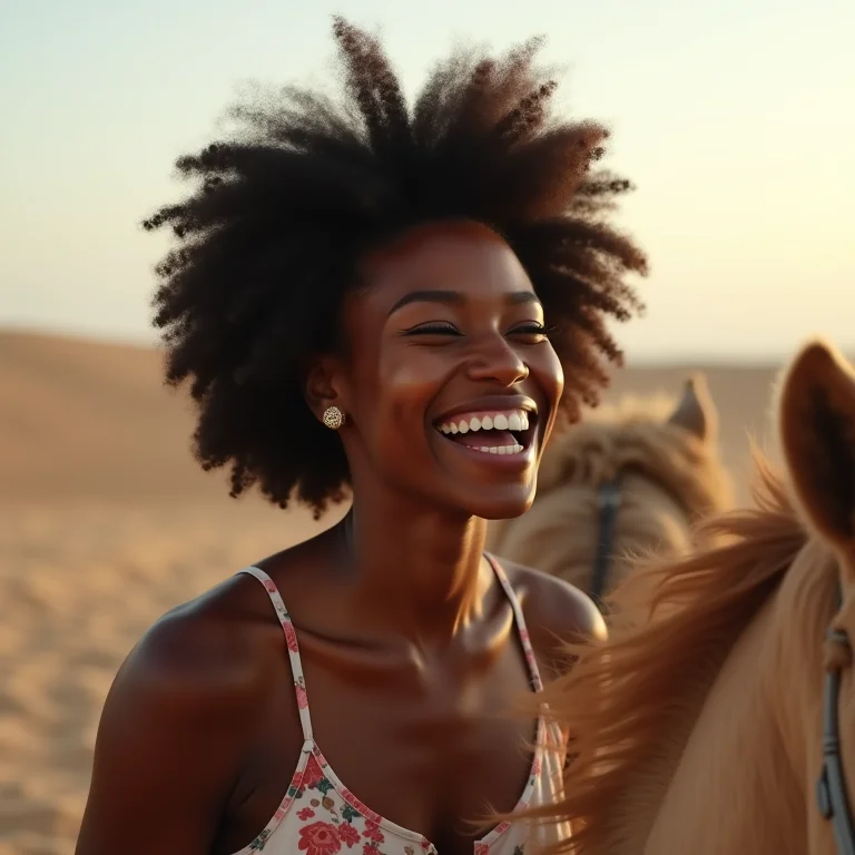 Mulher negra sorrindo durante passeio de dromedário em Genipabu