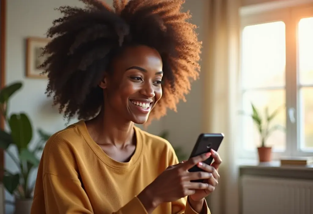 Mulher negra sorrindo e checando o celular