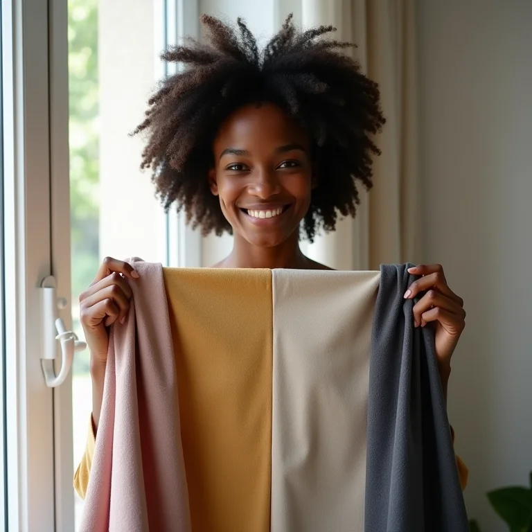 Mulher negra sorrindo e mostrando tecidos de cortina blackout