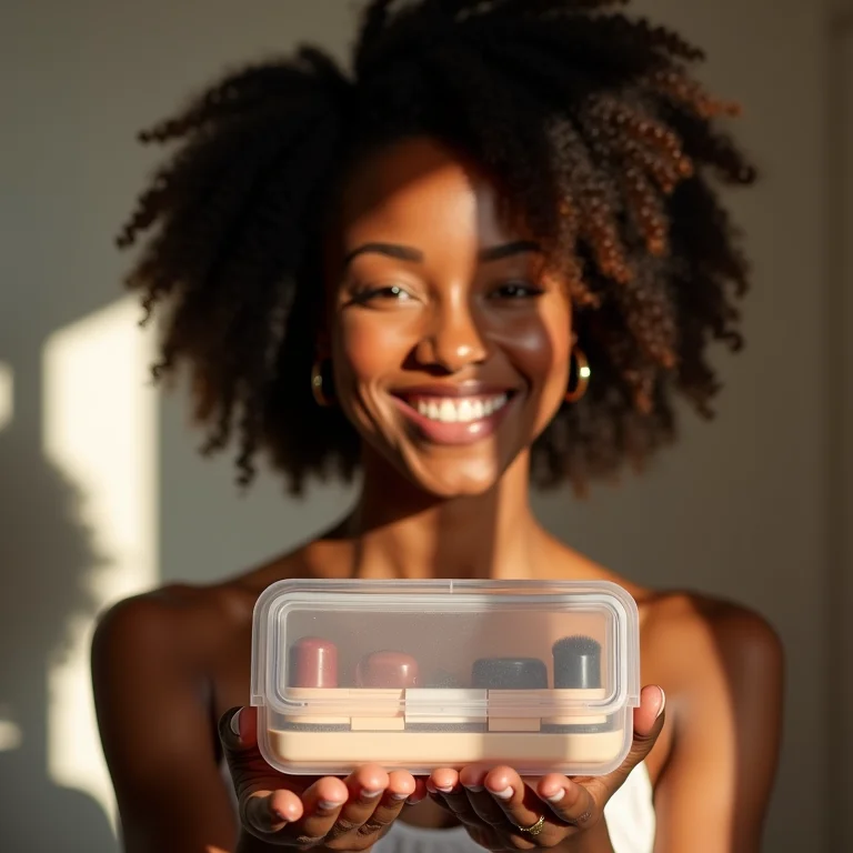 Mulher negra sorrindo e mostrando um organizador de maquiagem de EVA.