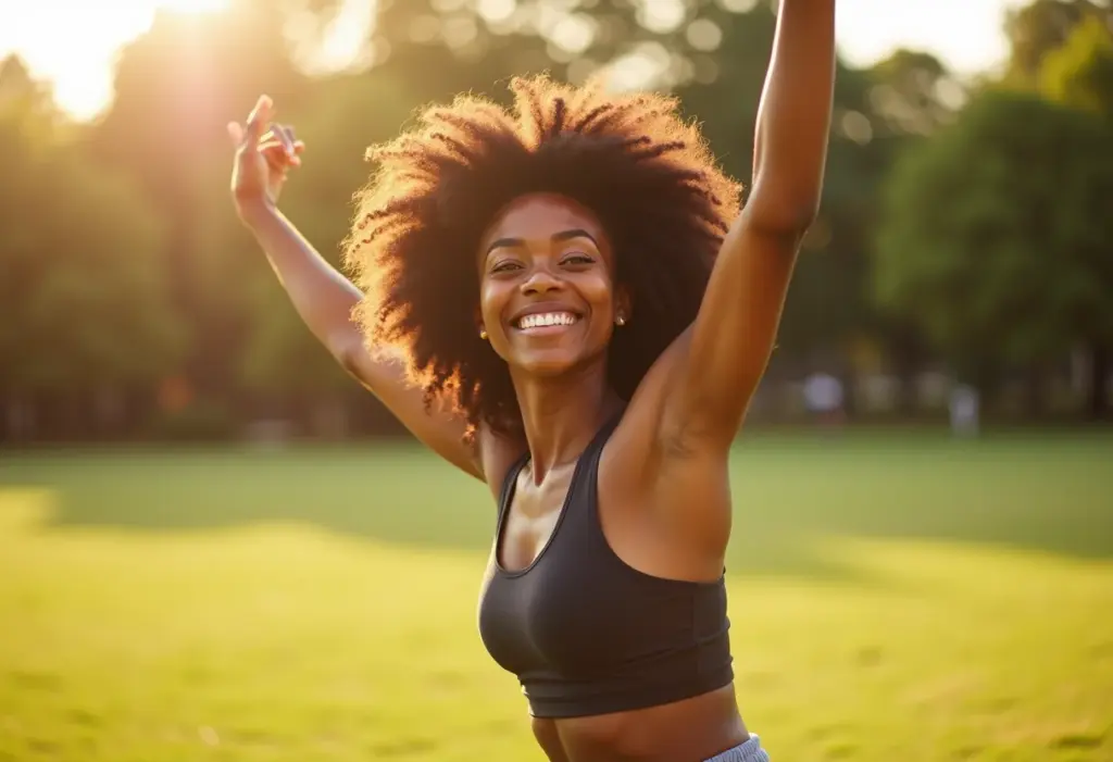 Mulher negra sorrindo e se alongando ao ar livre para treino de circuito