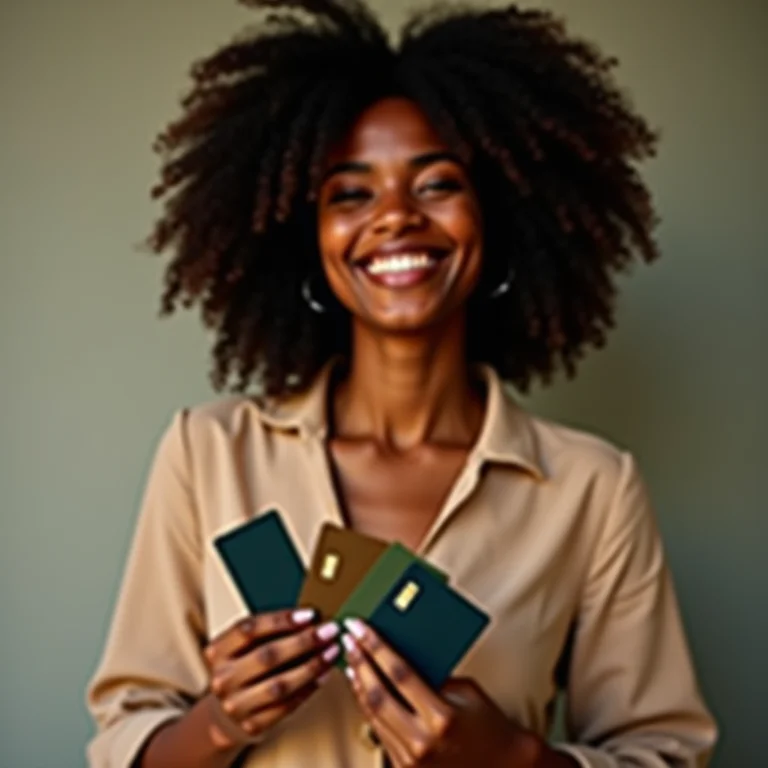 Mulher negra sorrindo e segurando cartões de crédito.