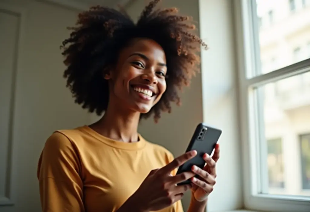 Mulher negra sorrindo e segurando celular, representando consulta do Bolsa Família.