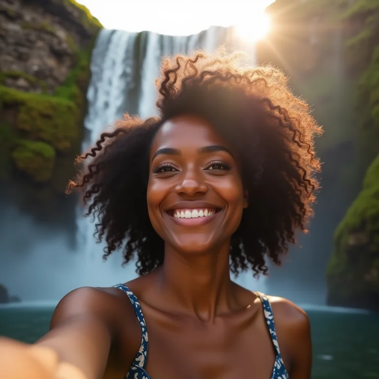 Mulher negra sorrindo e tirando selfie nas Cataratas do Iguaçu