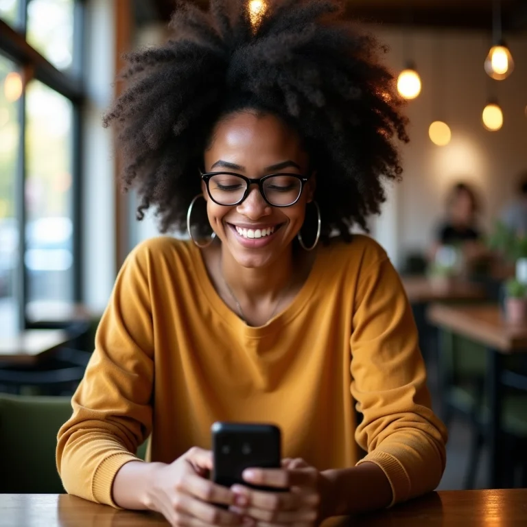Mulher negra sorrindo e usando smartphone em café moderno