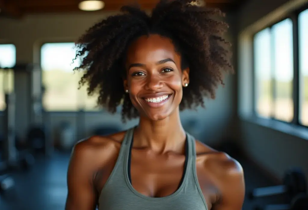 Mulher negra sorrindo em ambiente de academia, representando a escolha entre Bacharelado e Licenciatura em Educação Física