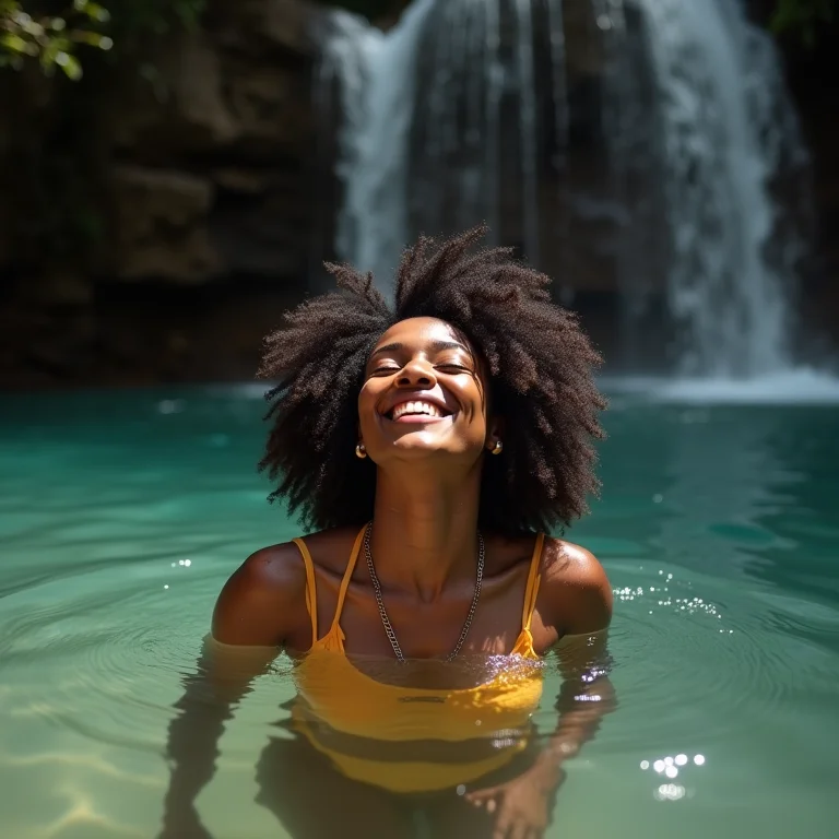 Mulher negra sorrindo em cachoeira