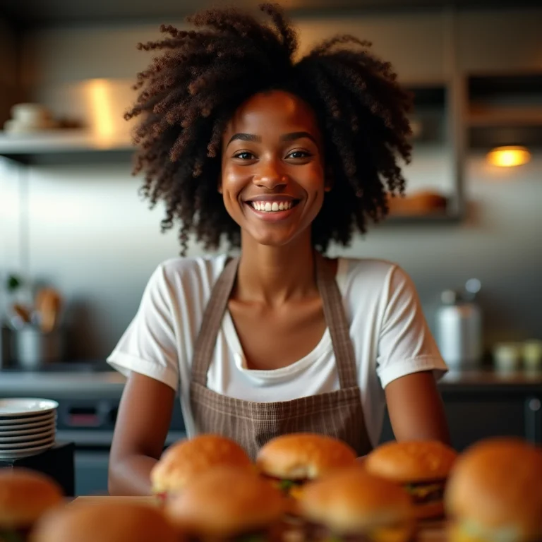 Mulher negra sorrindo em cozinha de hamburgueria