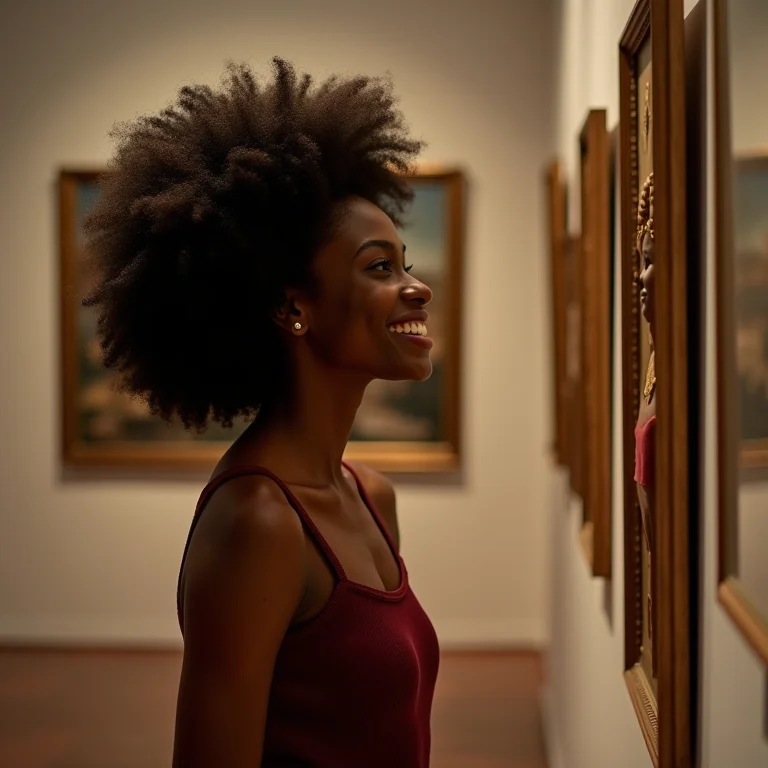 Mulher negra sorrindo em frente a exposição no Museu Cais do Sertão