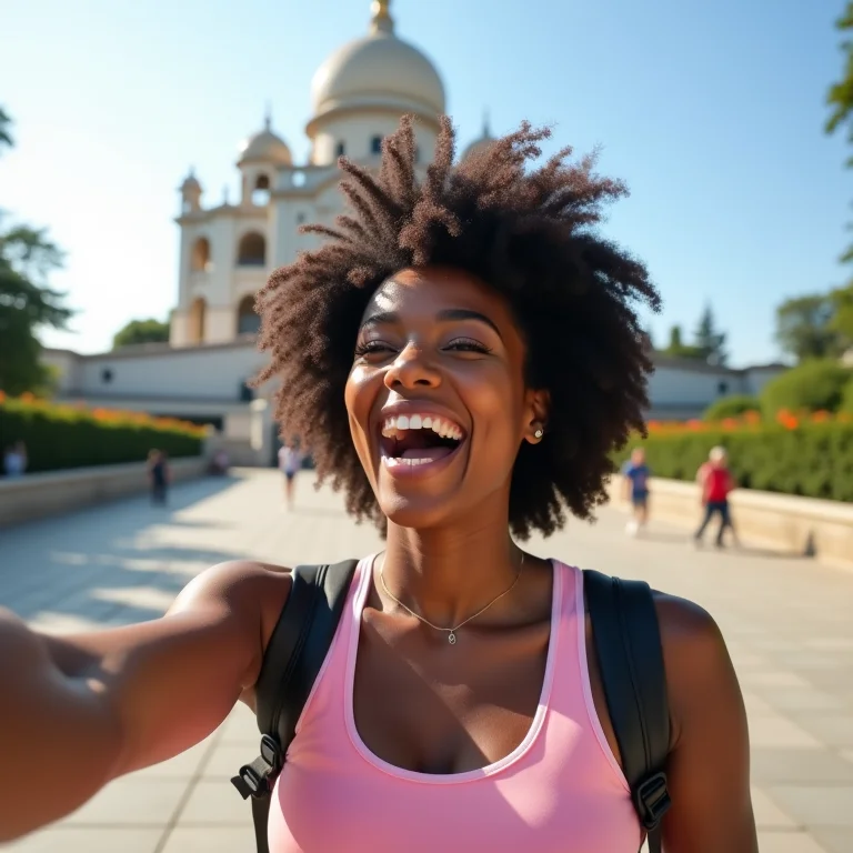 Mulher negra sorrindo em frente a um ponto turístico famoso durante a Copa do Mundo.