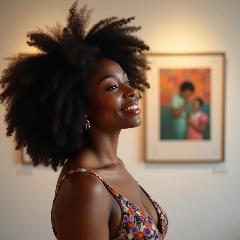 Mulher negra sorrindo em frente a uma obra de arte contemporânea.