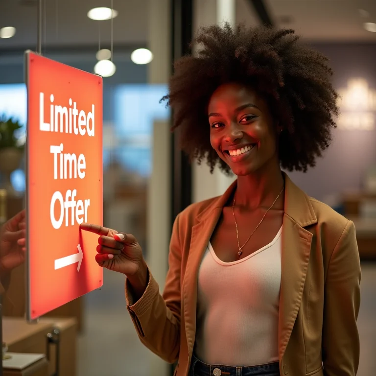 Mulher negra sorrindo em frente a uma placa de promoção.