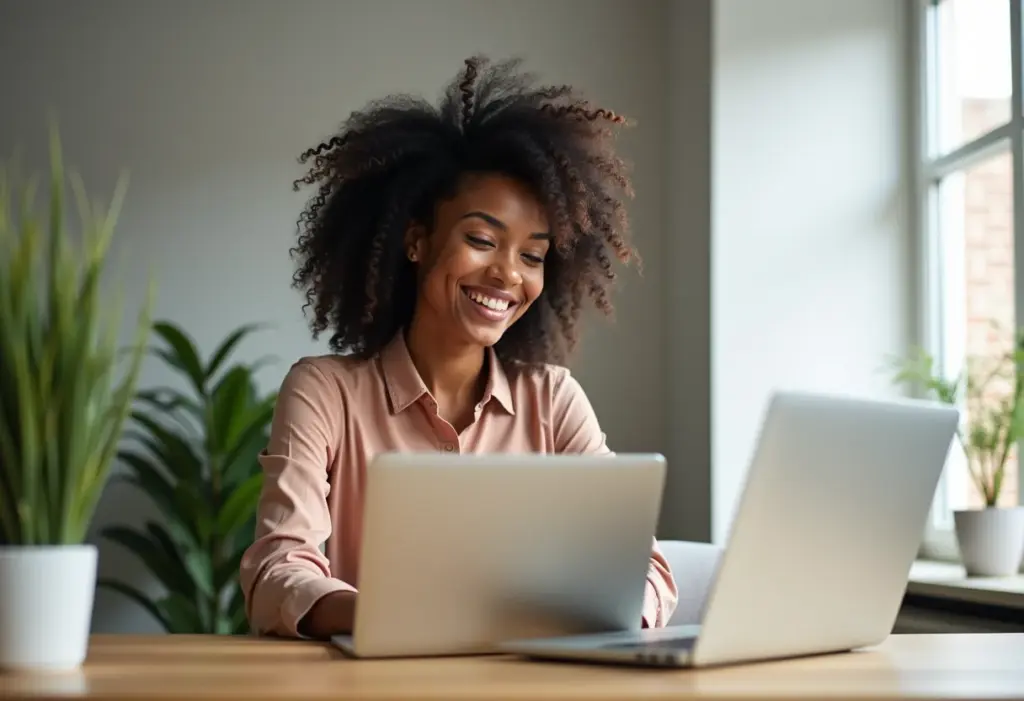 Mulher negra sorrindo em frente ao laptop, representando webinars gratuitos