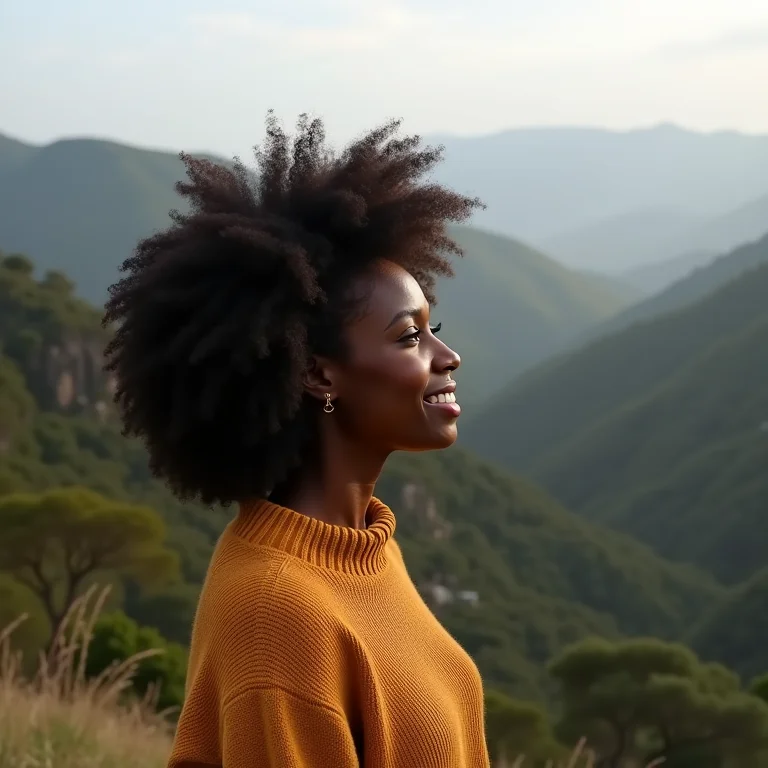 Mulher negra sorrindo em mirante de Campos do Jordão.