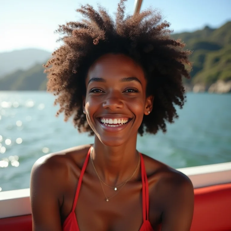 Mulher negra sorrindo em passeio de barco na Foz do São Francisco