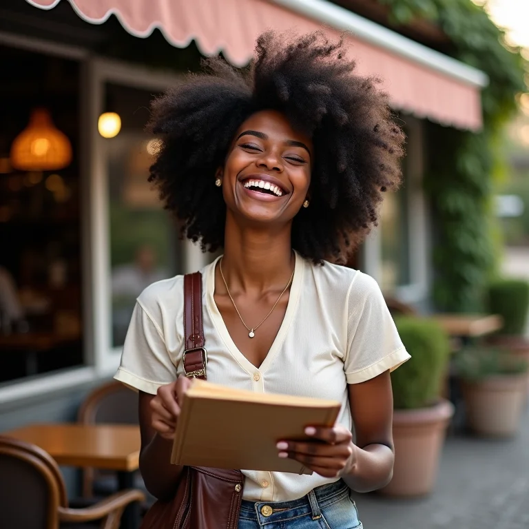 Mulher negra sorrindo em restaurante de estrada