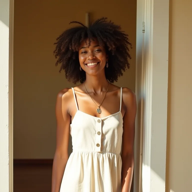 Mulher negra sorrindo em vestido de linho.
