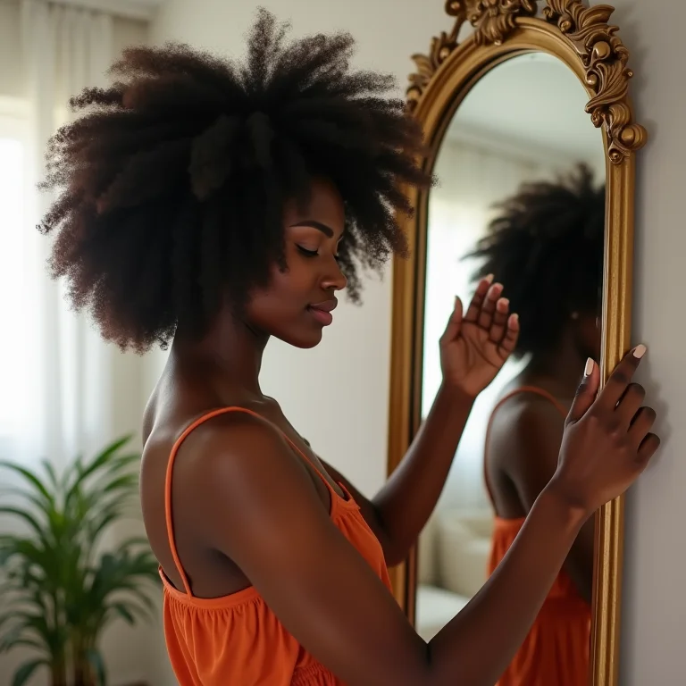 Mulher negra sorrindo enquanto ajusta espelho decorativo na sala