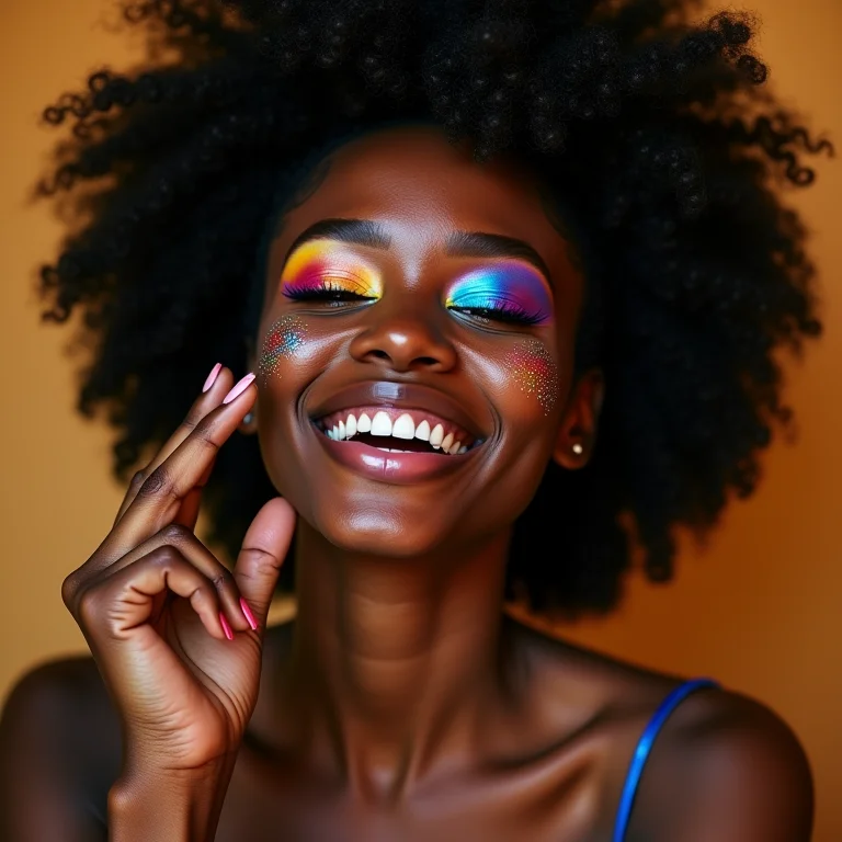 Mulher negra sorrindo enquanto aplica glitter no rosto para o Carnaval
