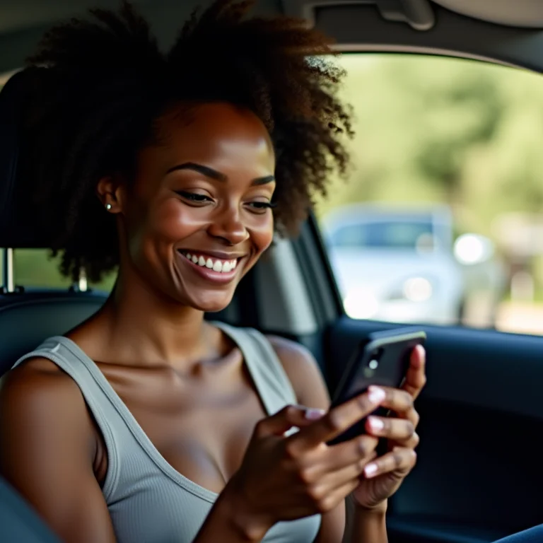 Mulher negra sorrindo enquanto assiste a um vídeo de carro no celular