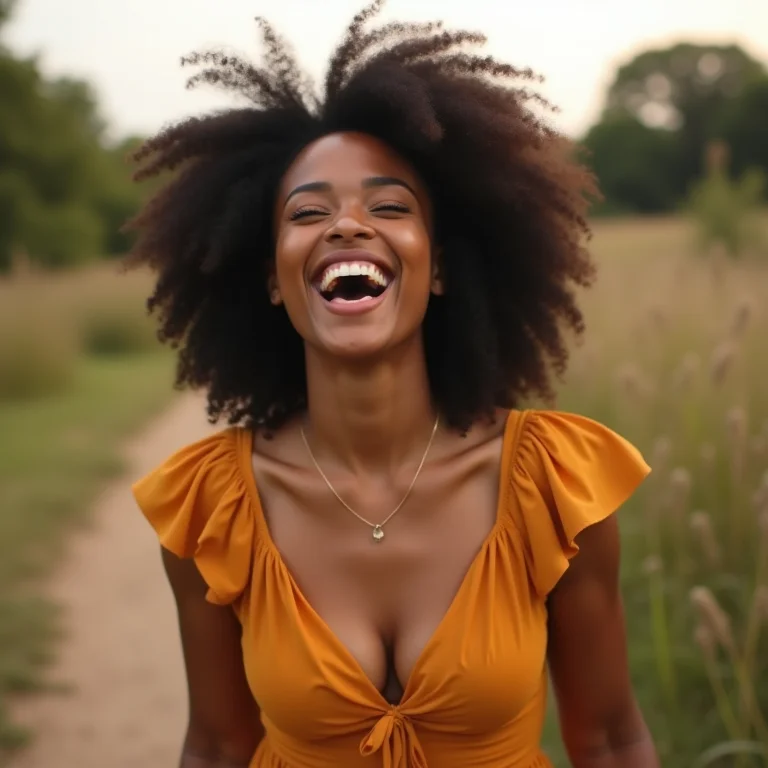 Mulher negra sorrindo enquanto caminha na natureza.