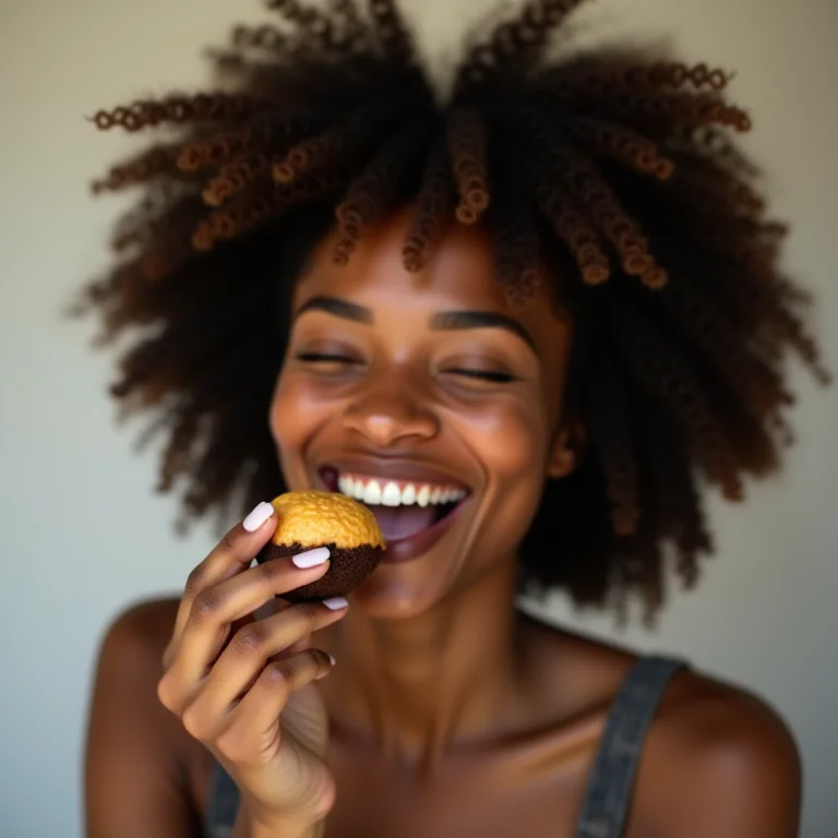 Mulher negra sorrindo enquanto come brigadeiro de amendoim.