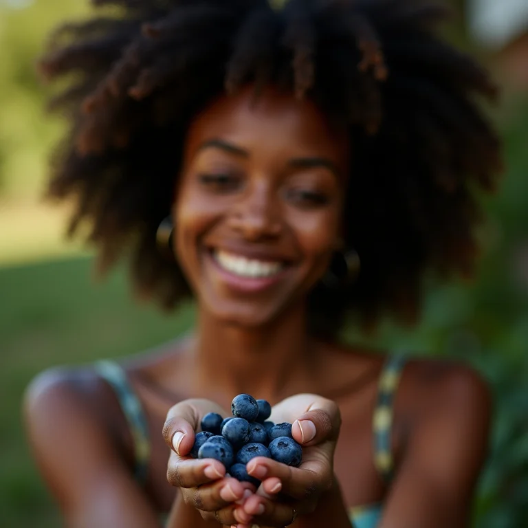 Mulher negra sorrindo enquanto come mirtilos frescos.
