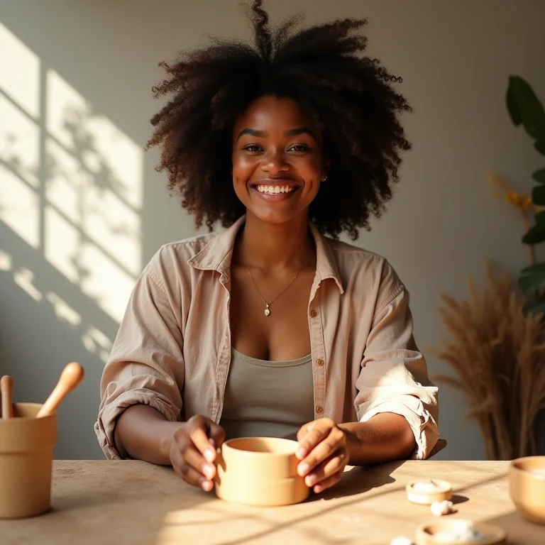Mulher negra sorrindo enquanto cria um suporte de notebook de biscuit