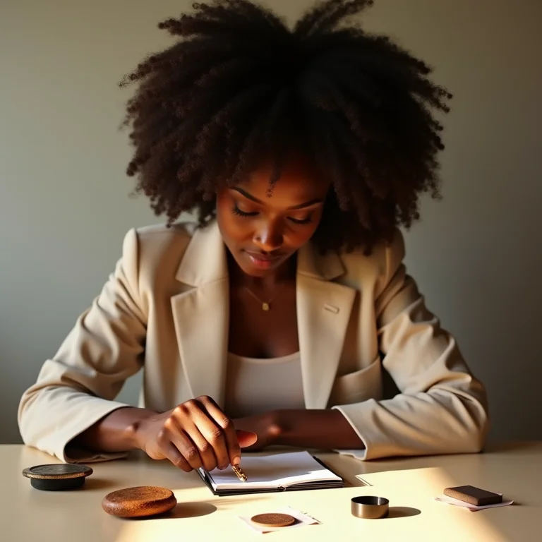 Mulher negra sorrindo enquanto escolhe seus pertences favoritos.