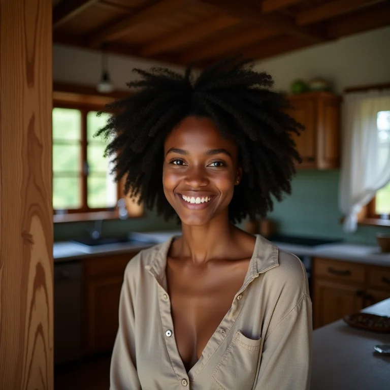Mulher negra sorrindo enquanto explora o interior de uma casa alemã tradicional.