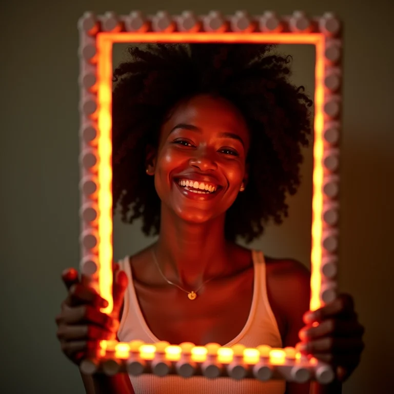 Mulher negra sorrindo enquanto ilumina um porta-retrato de Lego com LED