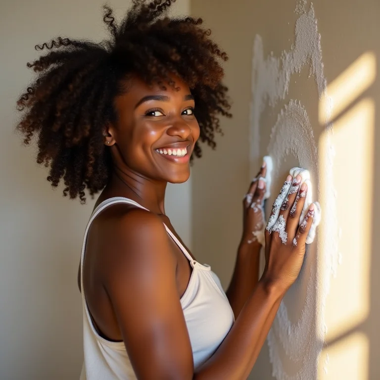 Mulher negra sorrindo enquanto limpa parede com bicarbonato de sódio