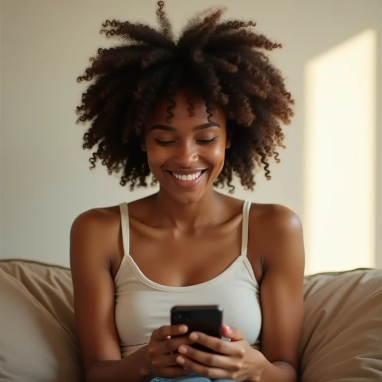 Mulher negra sorrindo enquanto limpa sua galeria de fotos no celular
