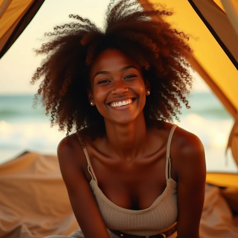 Mulher negra sorrindo enquanto monta barraca em praia do Nordeste