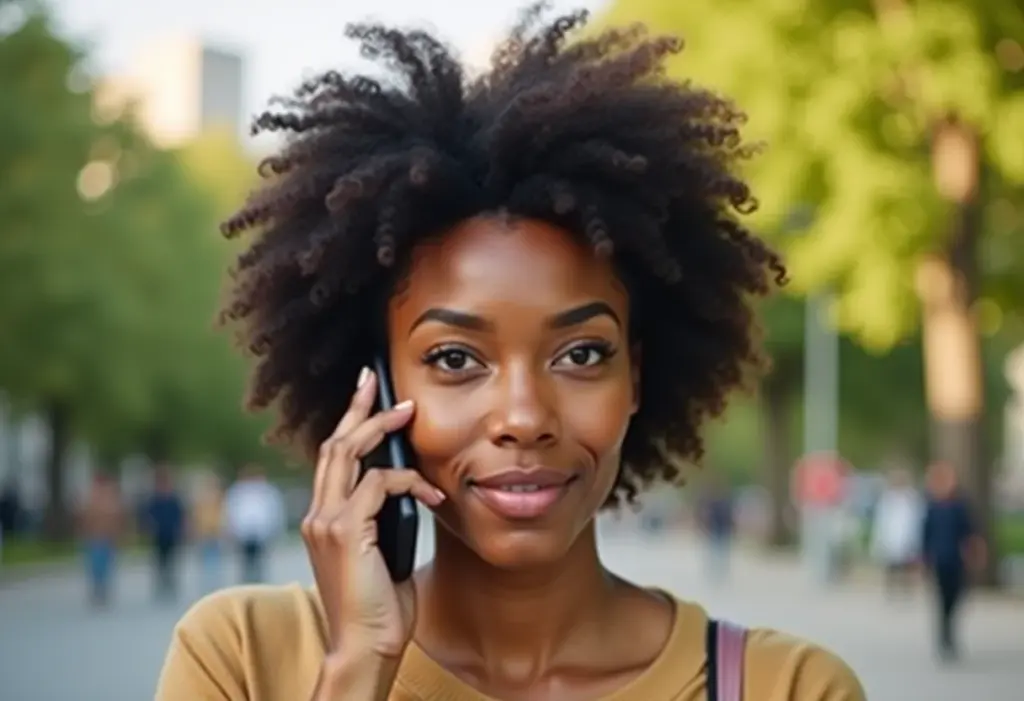 Mulher negra sorrindo enquanto ouve rádio FM no celular