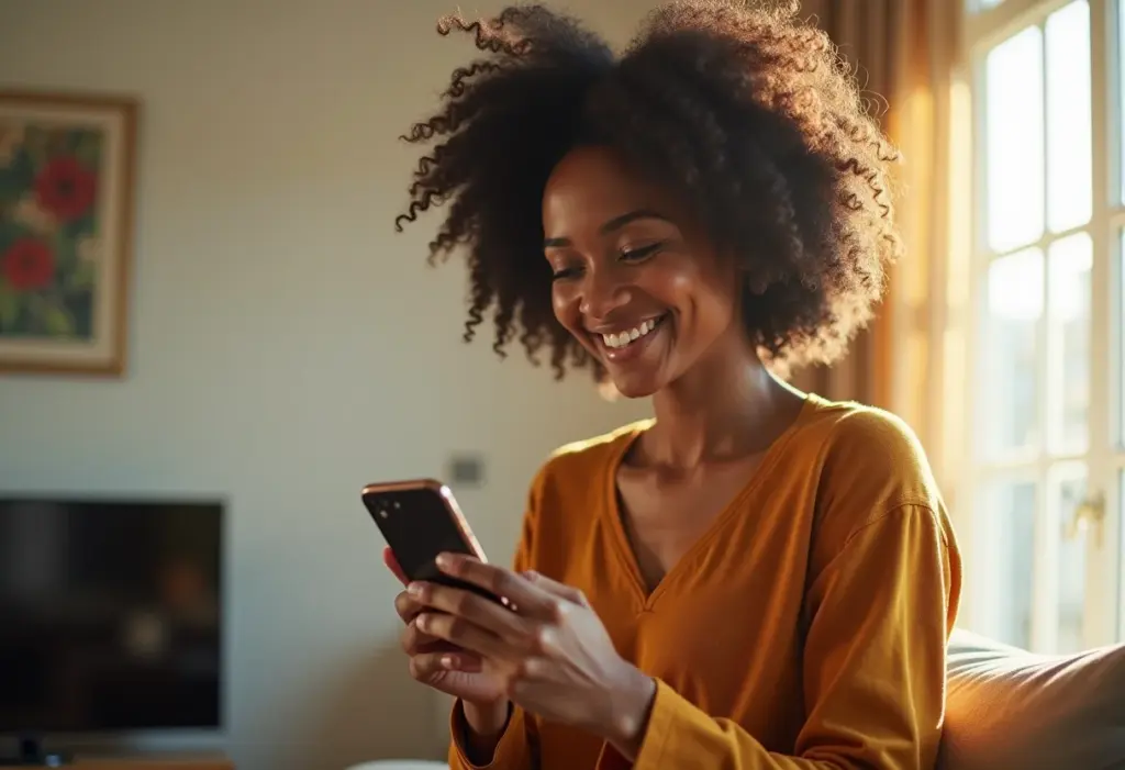 Mulher negra sorrindo enquanto paga boleto pelo celular