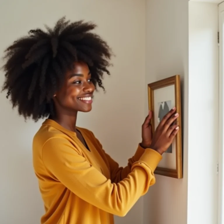 Mulher negra sorrindo enquanto pendura quadro na parede