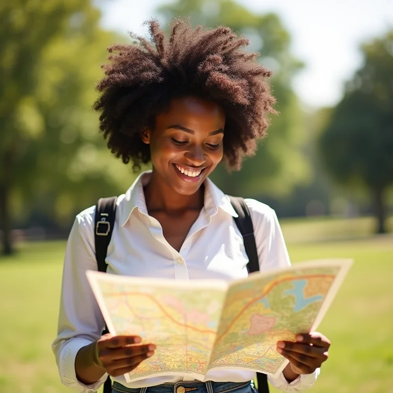 Mulher negra sorrindo enquanto planeja sua visita ao Eco Parque Arraial d'Ajuda.