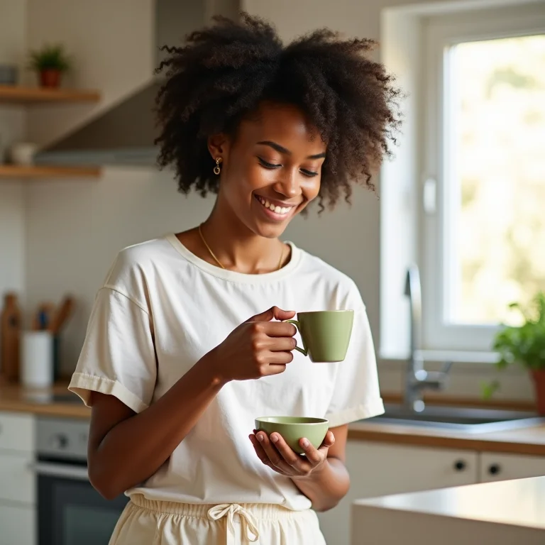 Mulher negra sorrindo enquanto prepara chá de ervas na cozinha.